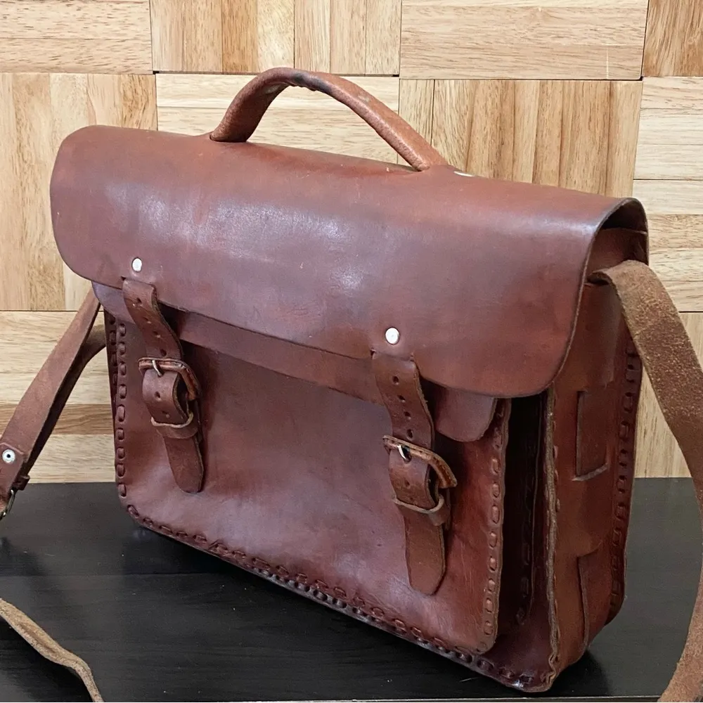 Vintage Handmade Brown Leather Brooklyn Style Briefcase Messenger Satchel Bag - Image 5