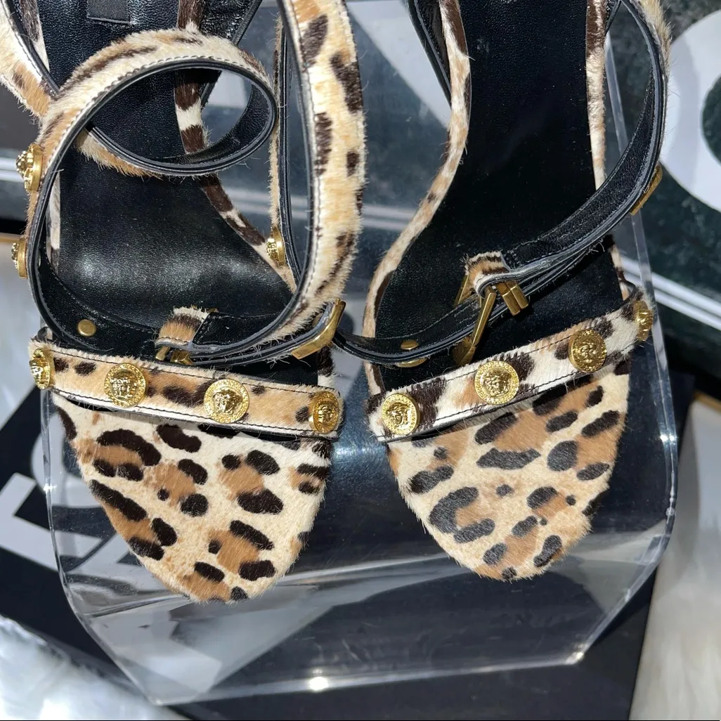 Versace Leopard Animal Print Calf Hair Medusa Coin Stiletto Sandal Heels - Image 10