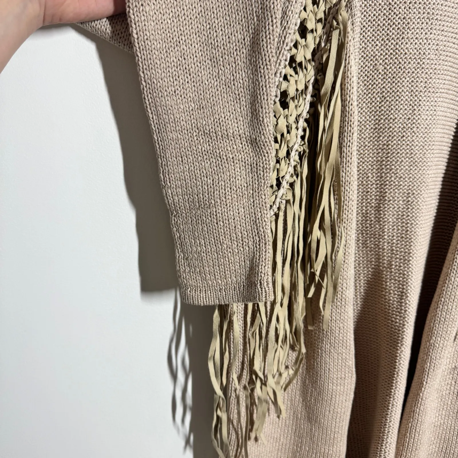 Haute Hippie Cardigan Women M Tan Knit Fringe Cotton Boho Western Fall Country - Image 5