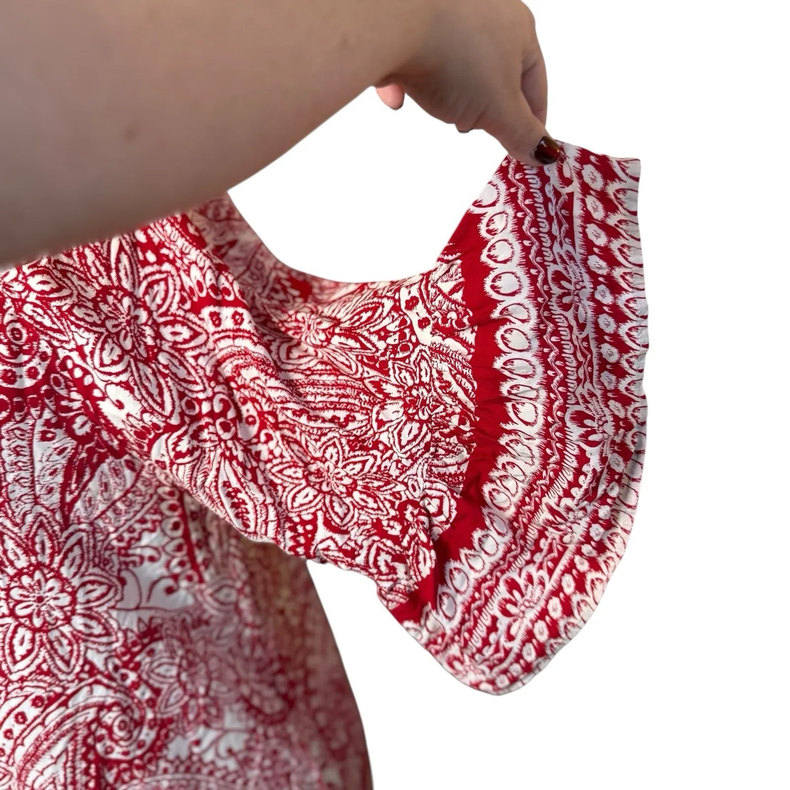 Umgee Dress Off Shoulder Bell Sleeve Red Paisley Floral 2XL Boho Peasant Holiday - Image 4