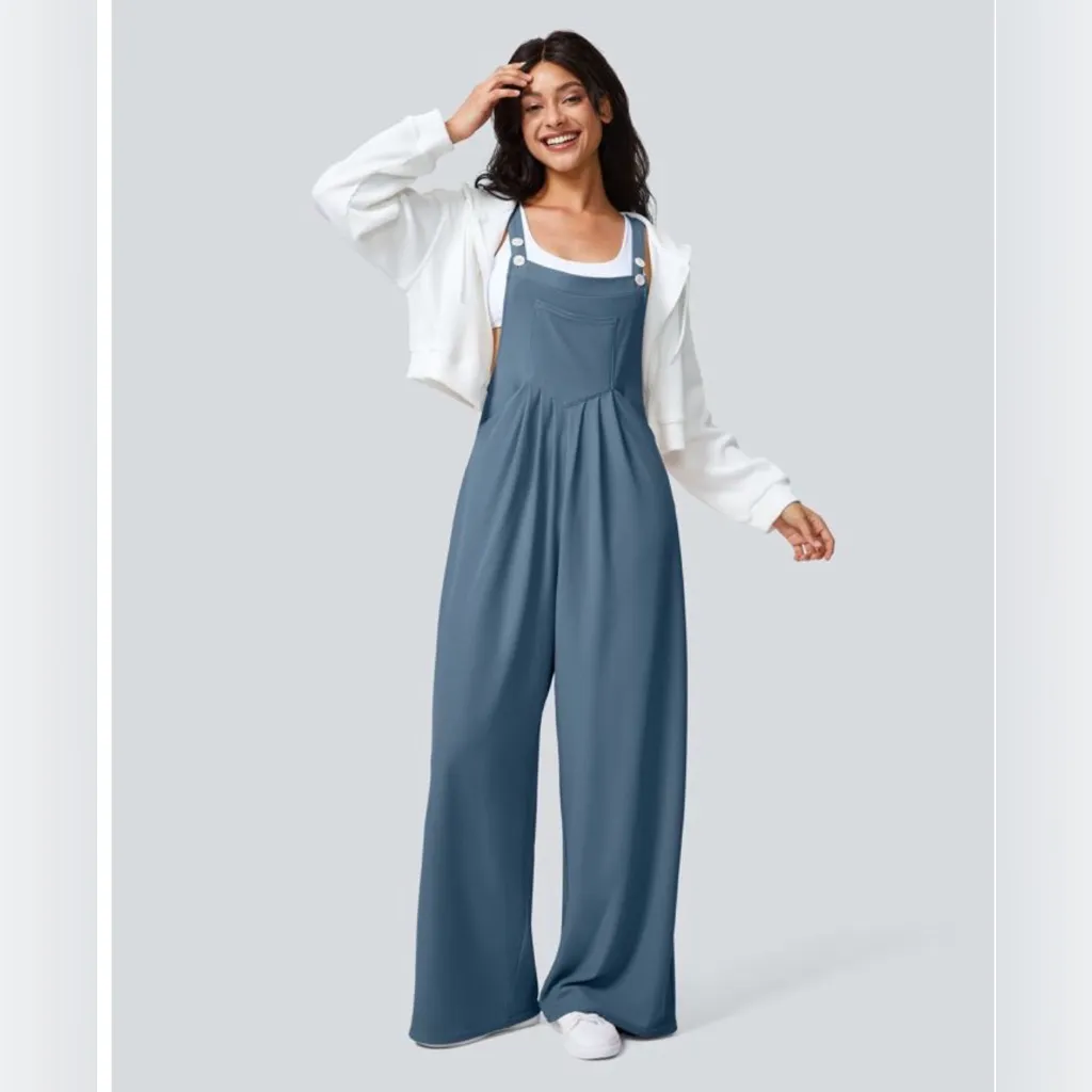 HALARA Adjustable Strap Button Pocket Waffle Knit Casual Wide Leg Overalls - Image 2