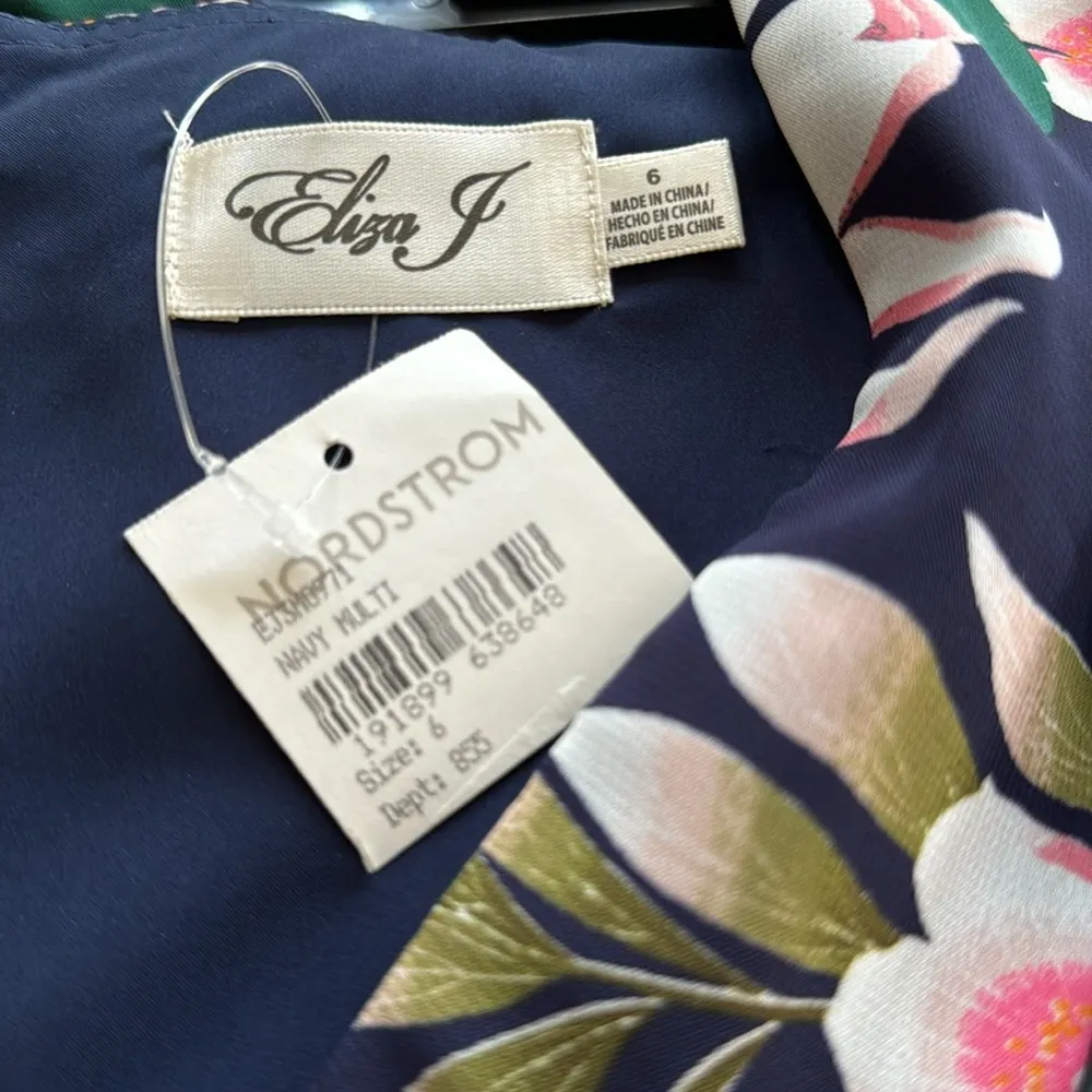 Eliza J Floral Long Sleeve High Low Faux Wrap Midi Dress Navy Size 6 NWT - Image 10