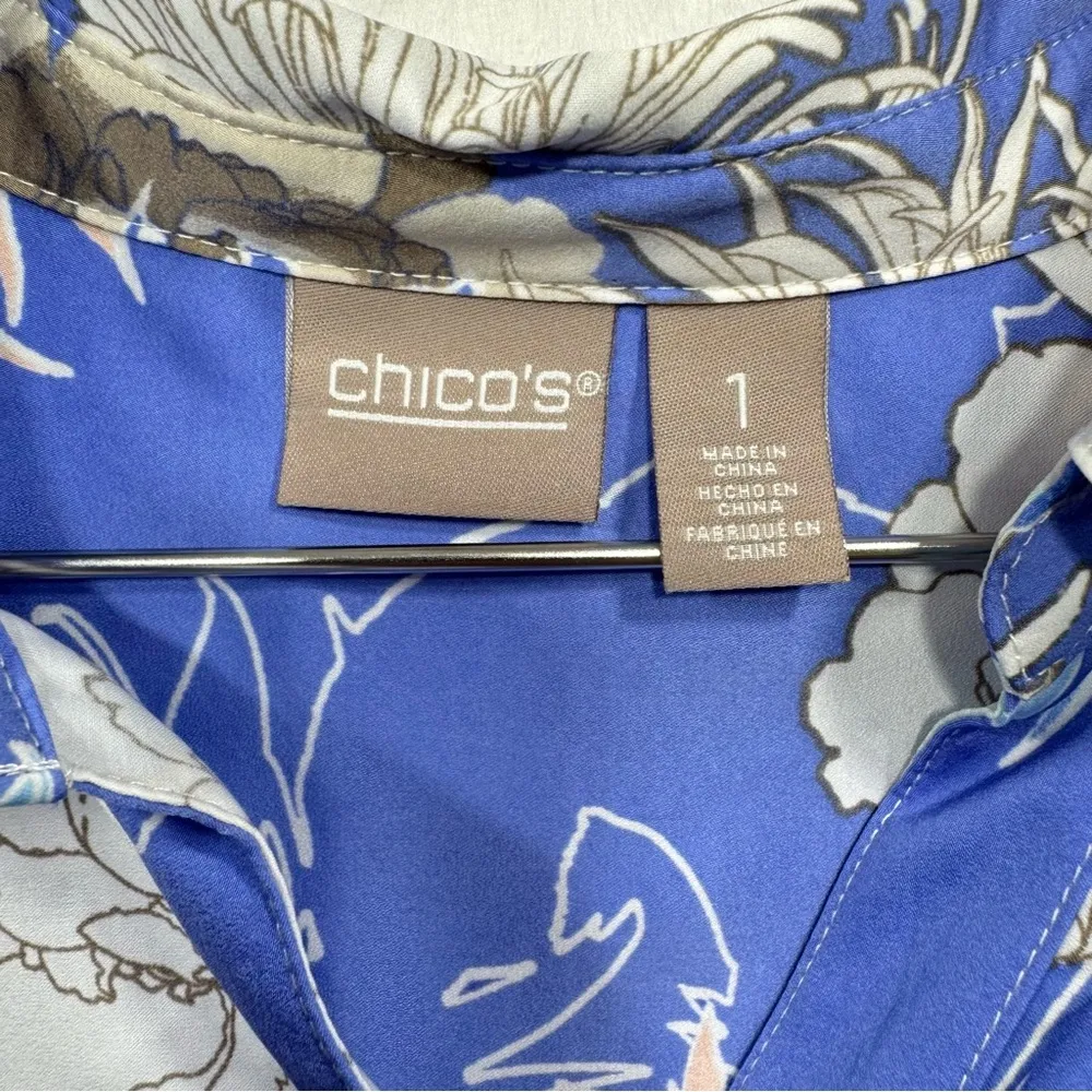 Chico’s Cobalt Blue Floral Button Front Blouse V Neck Roll Up Long Sleeves 1/M - Image 7