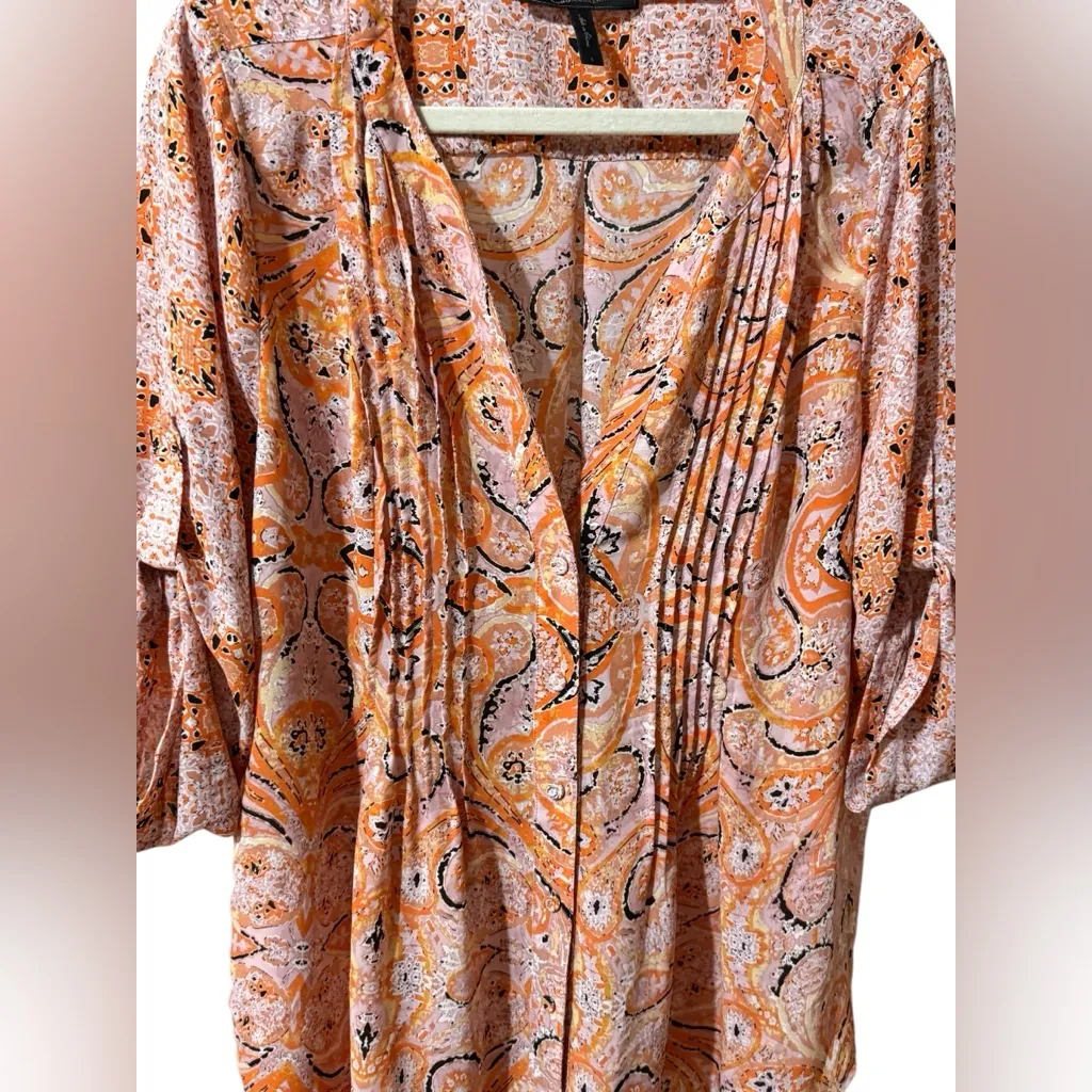 BCBGMAXAZRIA Bessie Pintuck Button Up Tunic Ambrosia Combo Paisley Print 🧡Sz L - Image 7