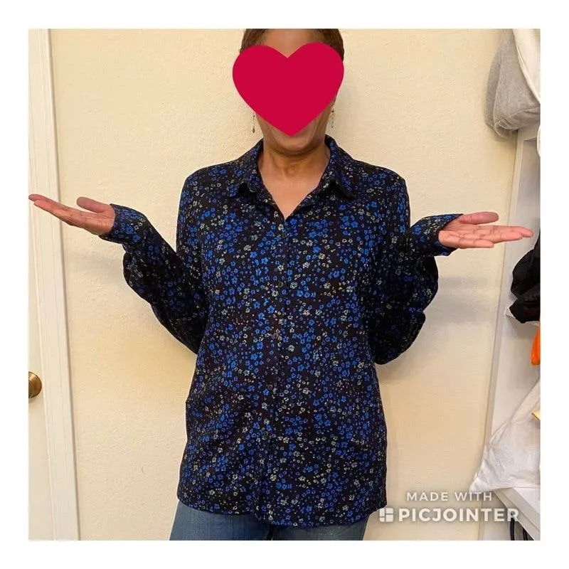 STINE GOYA Black Blue Metallic Button Front Floral Lucian Long Sleeve Top sz XS - Image 15