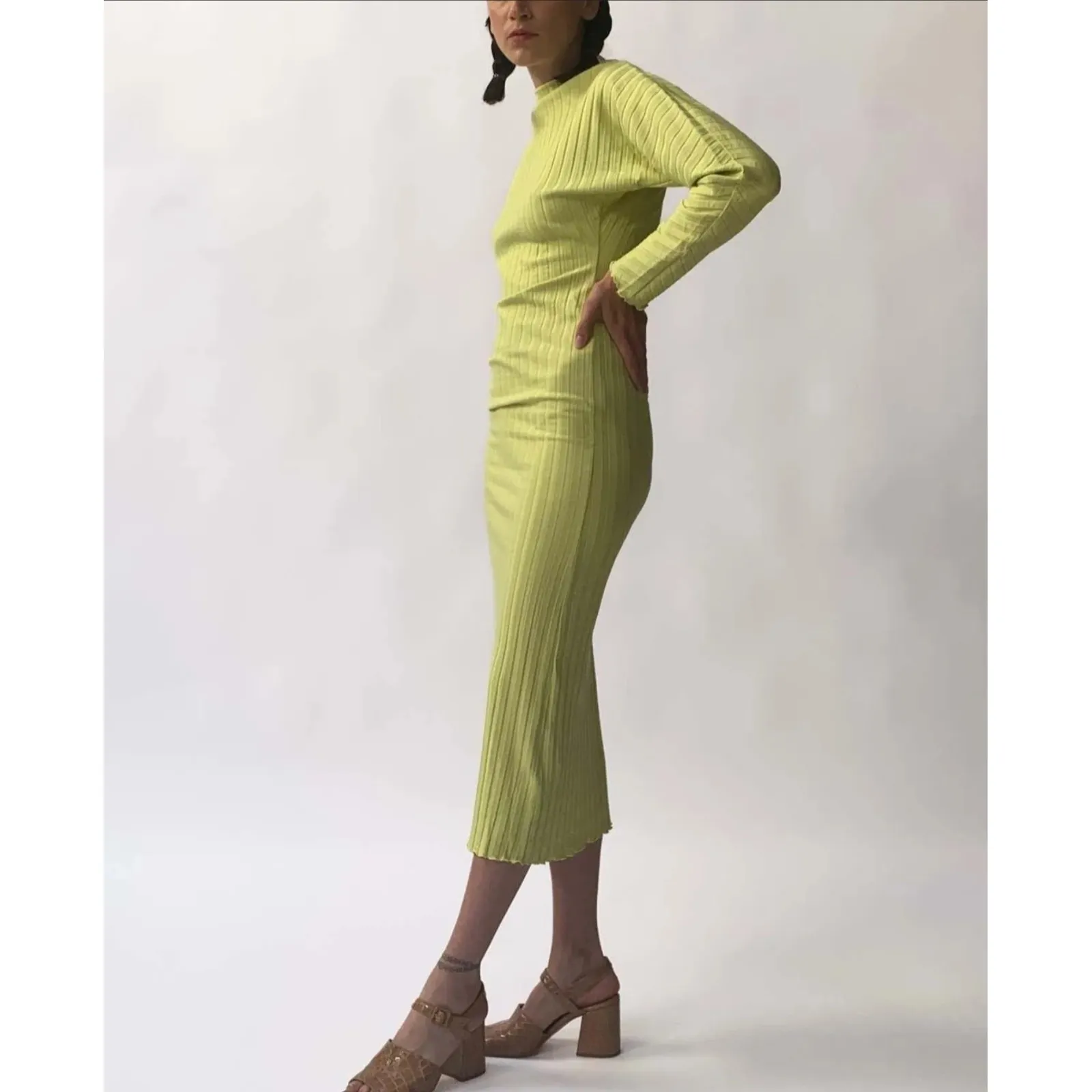 SIMON MILLER Ribbed Midi Dress Long Sleeve Crew Neck Lime Green Women's‎ Small - Image 2