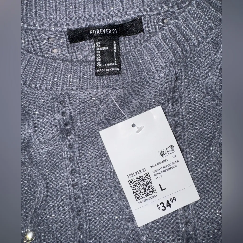 Forever 21 Grey Embellished cropped Cable Knit Sweater - Image 3