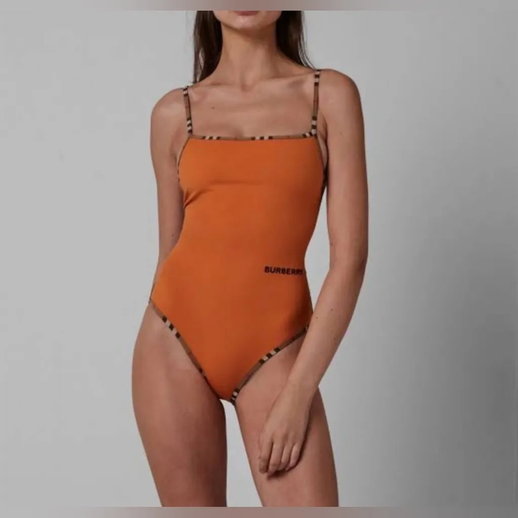 Burberry Icon Stripe Trim One Piece Women’s Bright Orange Swimsuit Size Small - Image 5