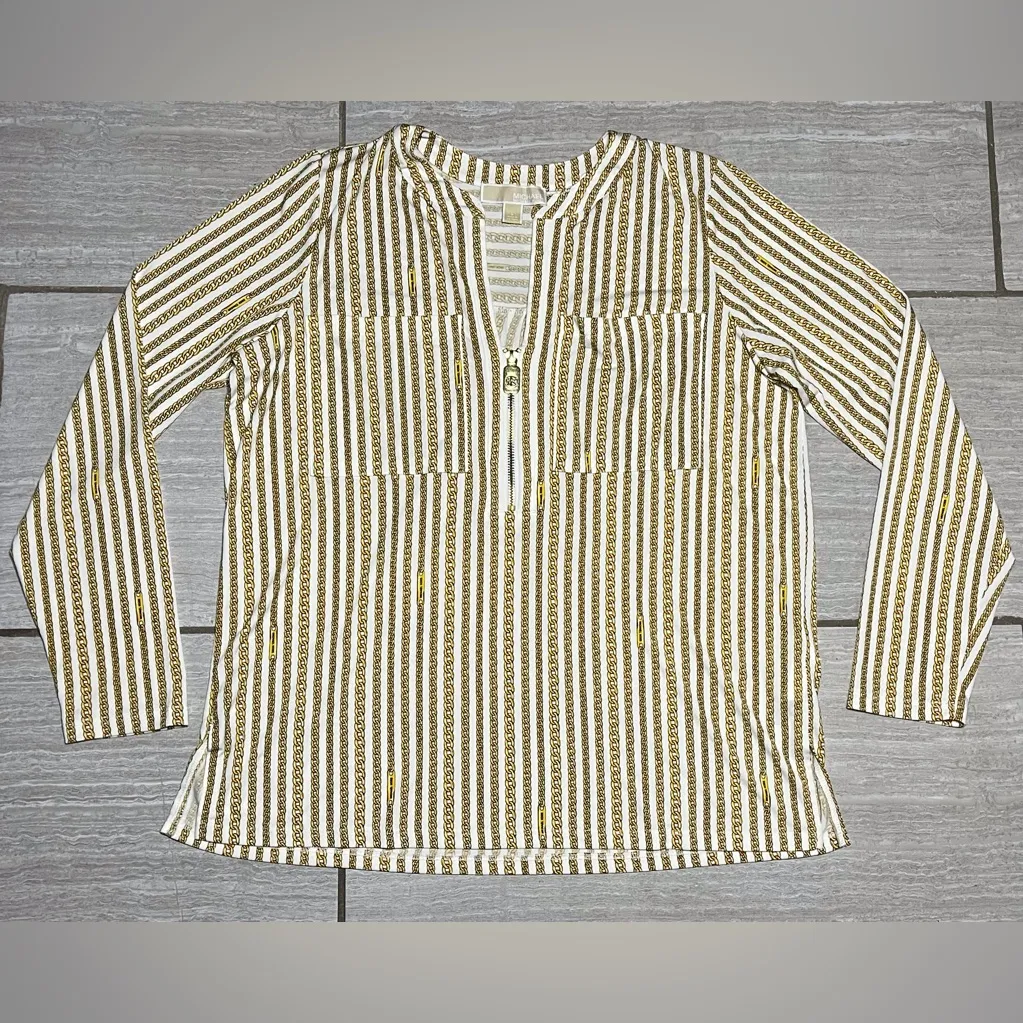 Michael Kors Zip Front Bone/Gold Long Sleeve Chain Logo Top Size Large Gold - Image 2