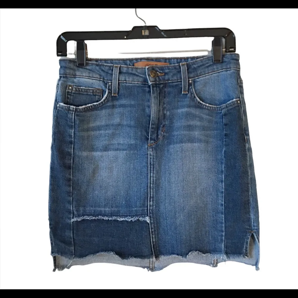 Joes Jeans Patchwork Pencil Denim Jean Skirt Fringe Hi Lo Hem - Image 4