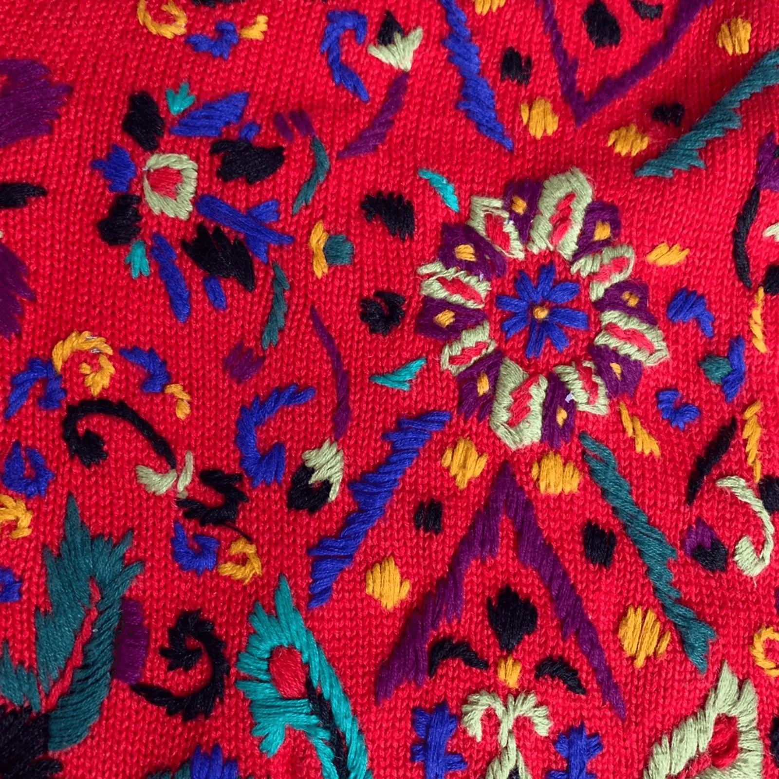 Vintage 90s Michael Simon Cherry Red Embroidered Knit Cardigan Sweater Eclectic Size L - Image 7