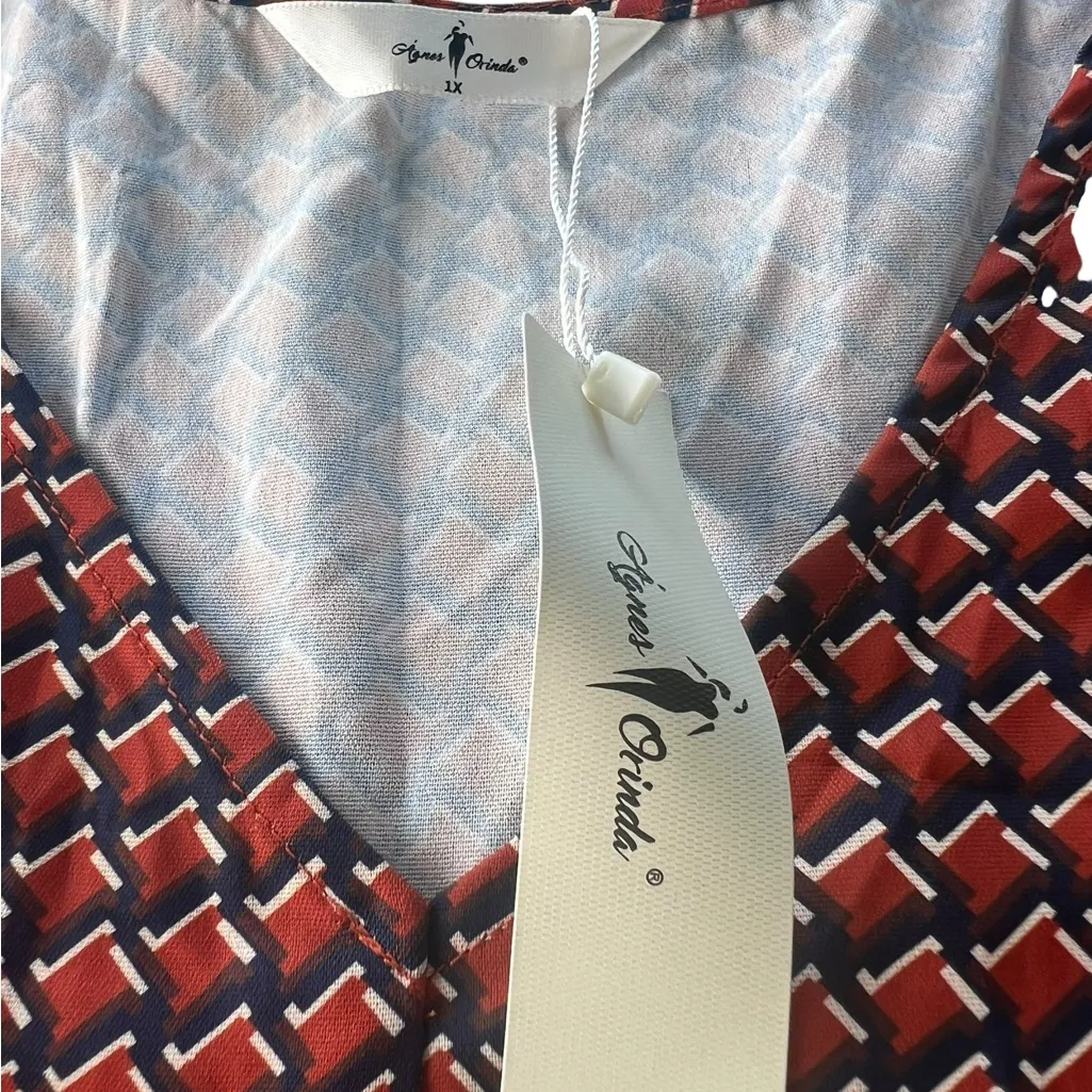 Elegant Red Geometric Peplum Blouse Brown Size 1X - Image 2