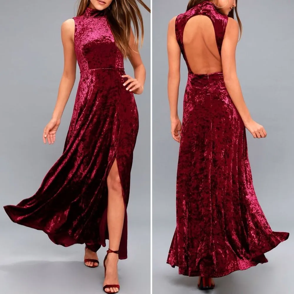 Lulus In the Louvre Burgundy Velvet Backless Maxi Dress Long Gown Womens Size XS - Image 4