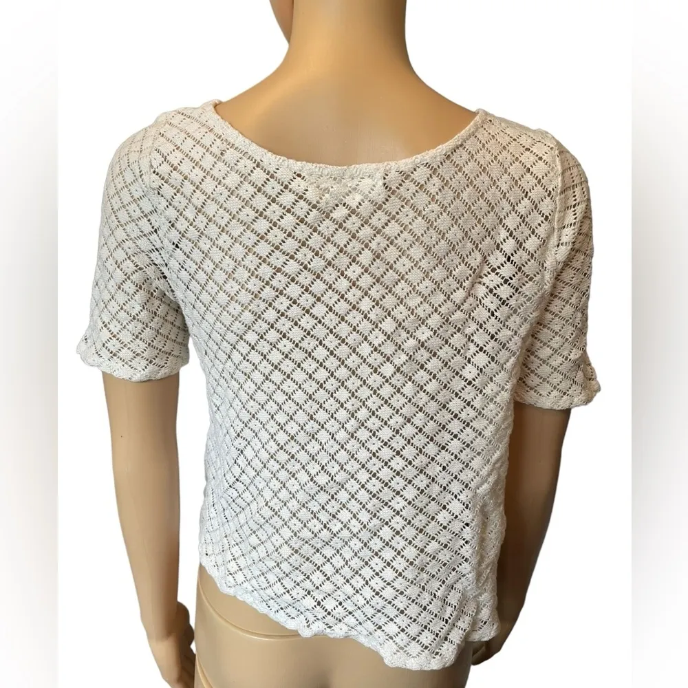 Abercrombie & Fitch Cream Boho Western Hippie Crochet Floral Velvet Crop Top - Image 5