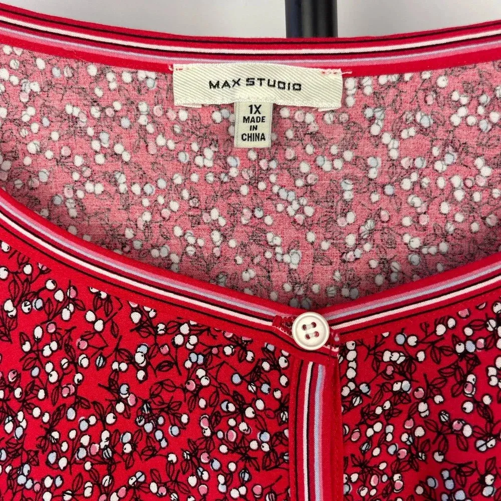Max Studio Red Ditsy Cherry Print Peasant Style Loose Boho Balloon Sleeve Blouse - Image 4