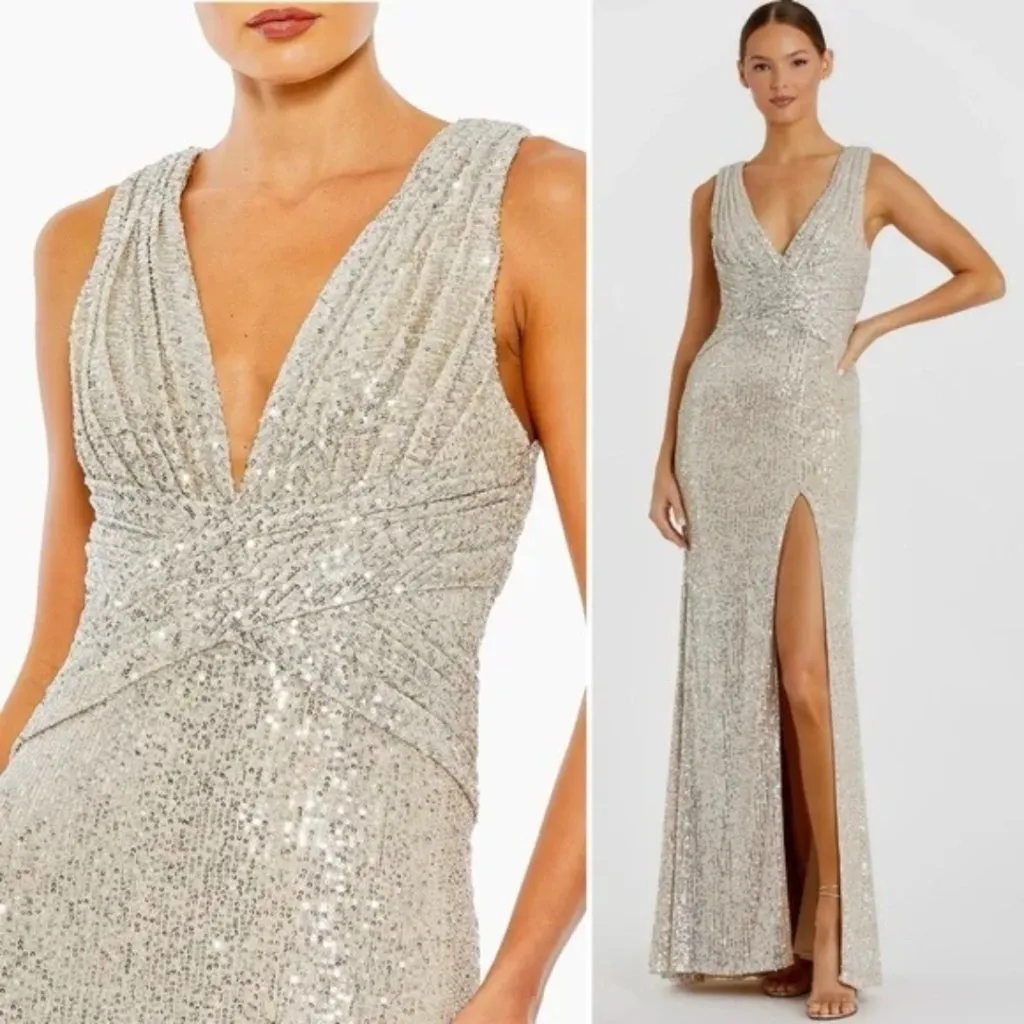 NWT Mac Duggal 26598 Nude Silver Sequin Wrap Waist Gown V Neck Slit Size 6 - Image 8