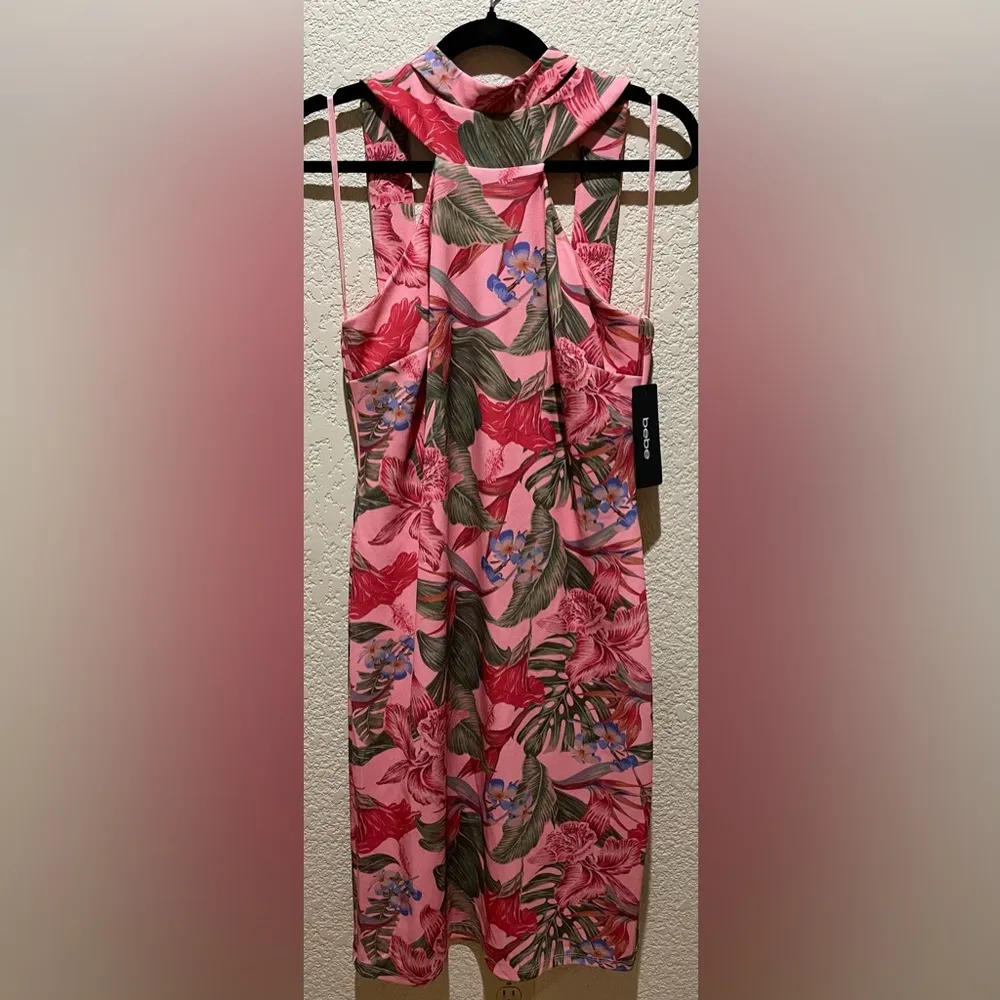NWT BEBE Bodycon Halter Pink Tropical Dress Size L - Image 6