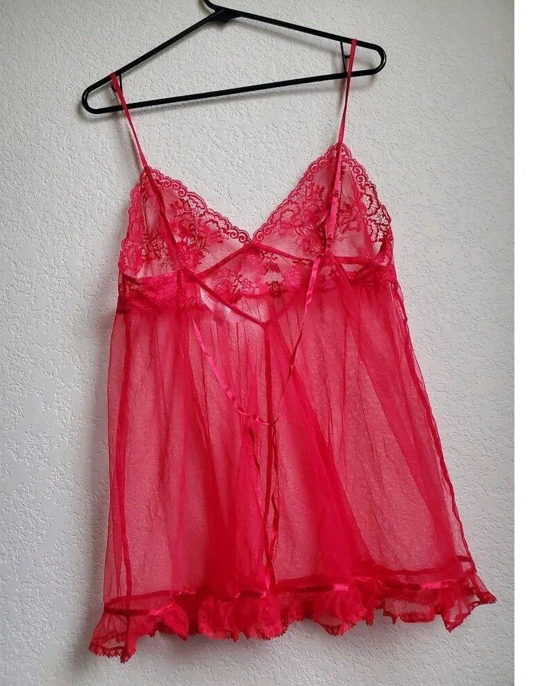 Victoria's Secret Babydoll Women Small Red Lace Bow Slip Dress Sheer Cami Ruffle - Image 8