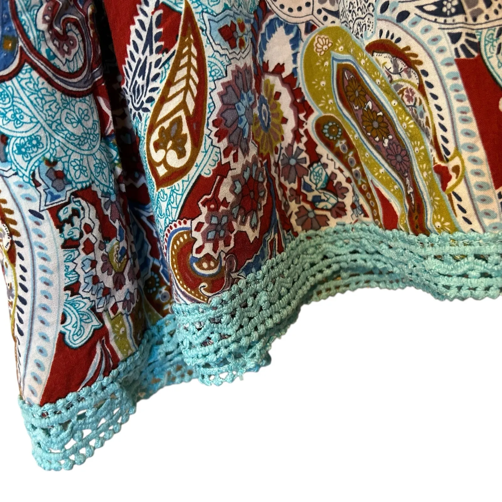 Paisley Vine Top Teal Bell Sleeve Open Shoulder Crochet Art to Wear Boho SZ XL Red - Image 11