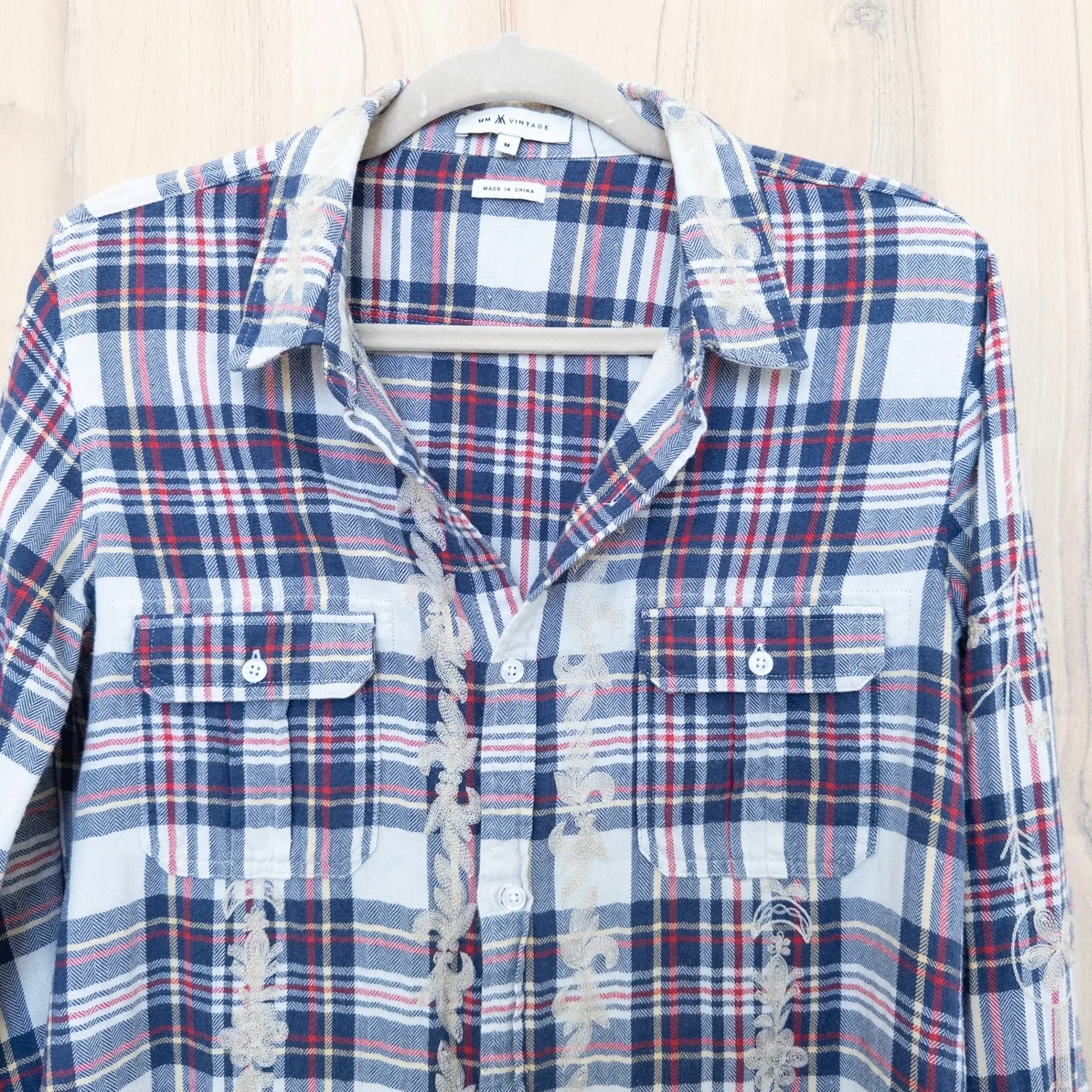 MM Vintage Women Embroidered Flannel Shirt Size M Plaid Blue Western Boho Grunge Size M - Image 2