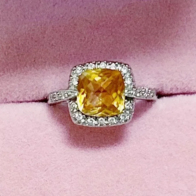 14kt White Gold 2+ Carat Cushion Cut Diamond Halo Citrine Ring Silver Size 6 - Image 11