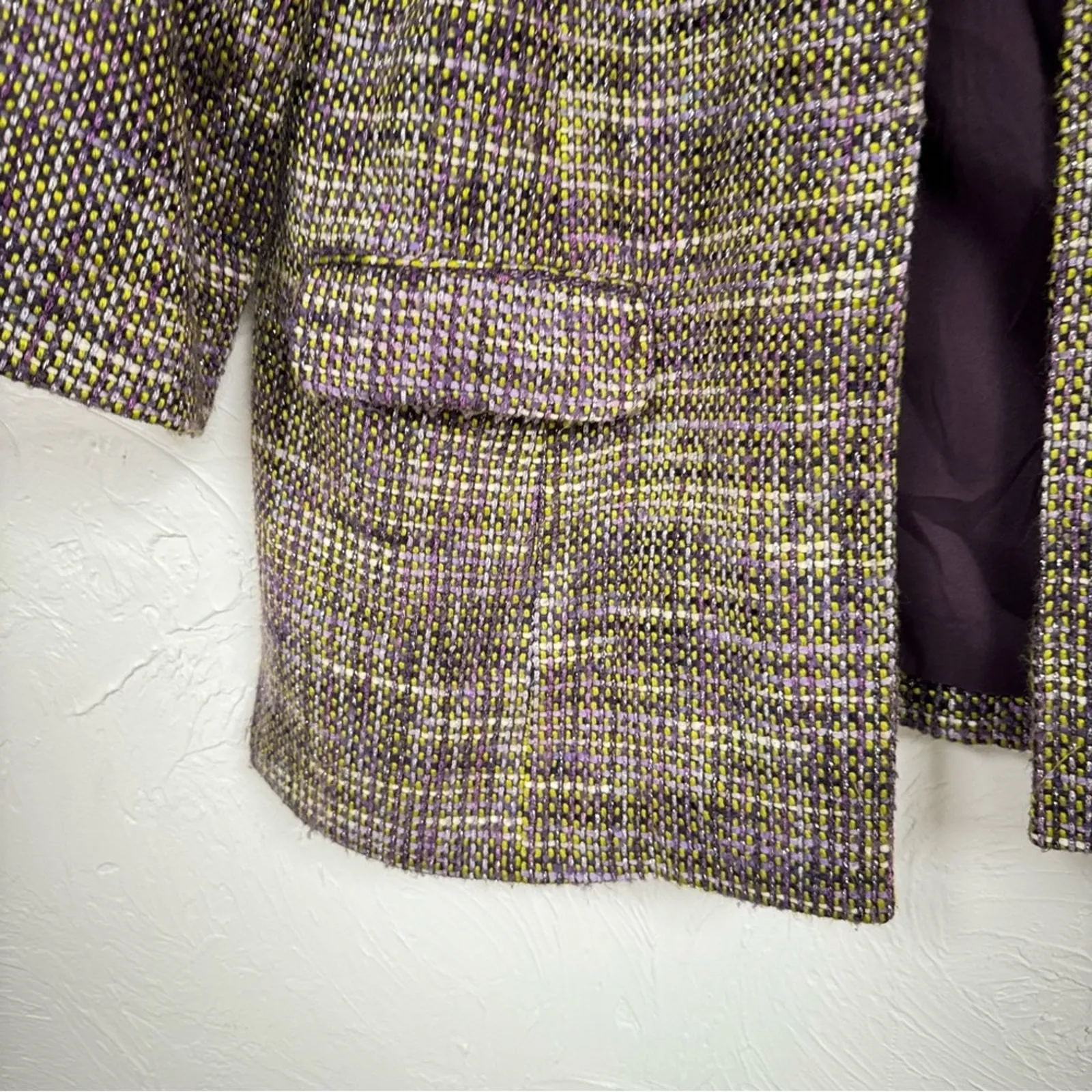 Chicos Purple Green Tweed Plaid Blazer Jacket Womens L Preppy Longline Fall - Image 4