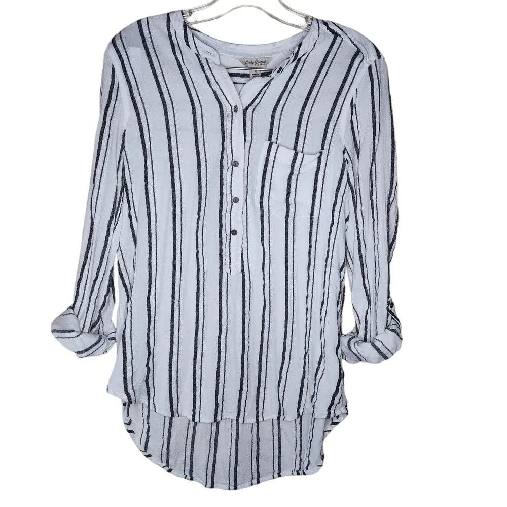 Lucky Brand Size Small Cotton Striped Button Down Long Sleeve Shirt Tab Sleeves - Image 3