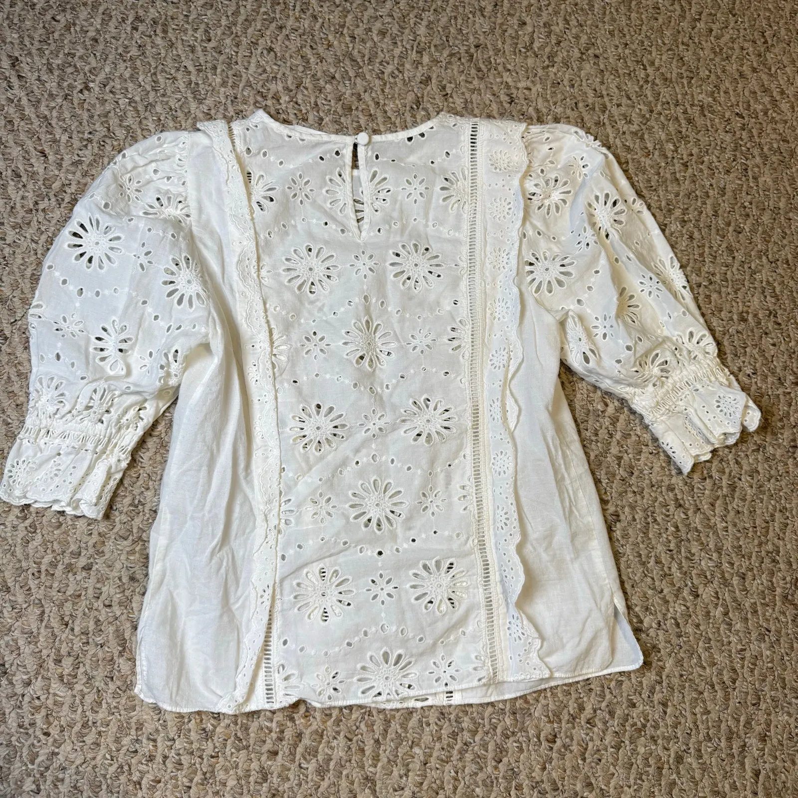 Veronica Beard Eyelet Lace Pattern Cream Ivory Bateau Neckline Blouse Boho Sz 0 - Image 2