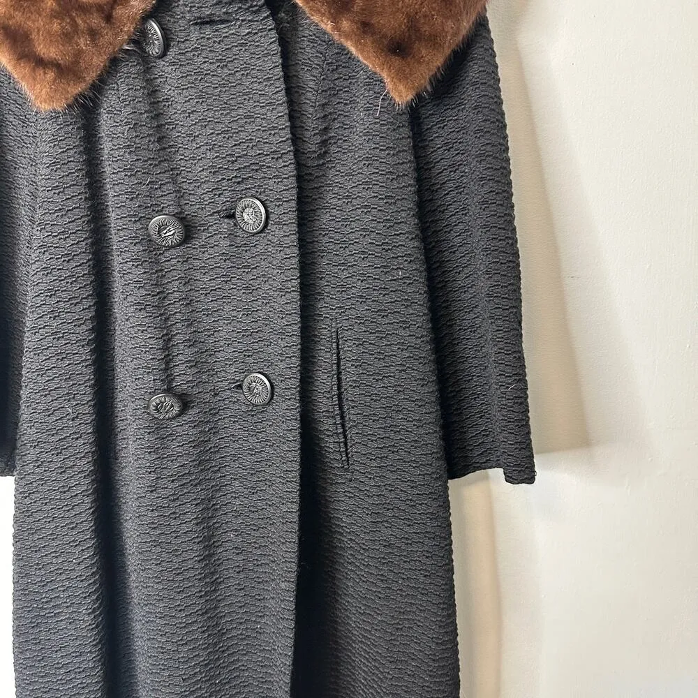 1980s Vintage Black Wool Coat With Brown Fur Collar Women's Small Trenchcoat - Image 7