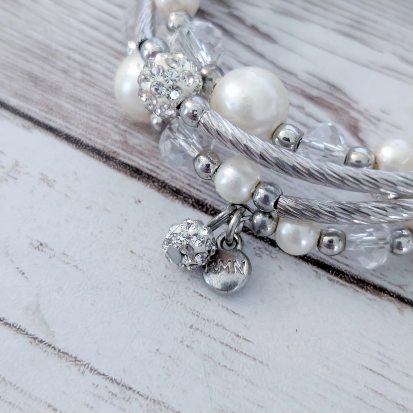 Vintage Roman RMN Wrap Bracelet Silver Tone, Clear, Faux Pearl - Image 10