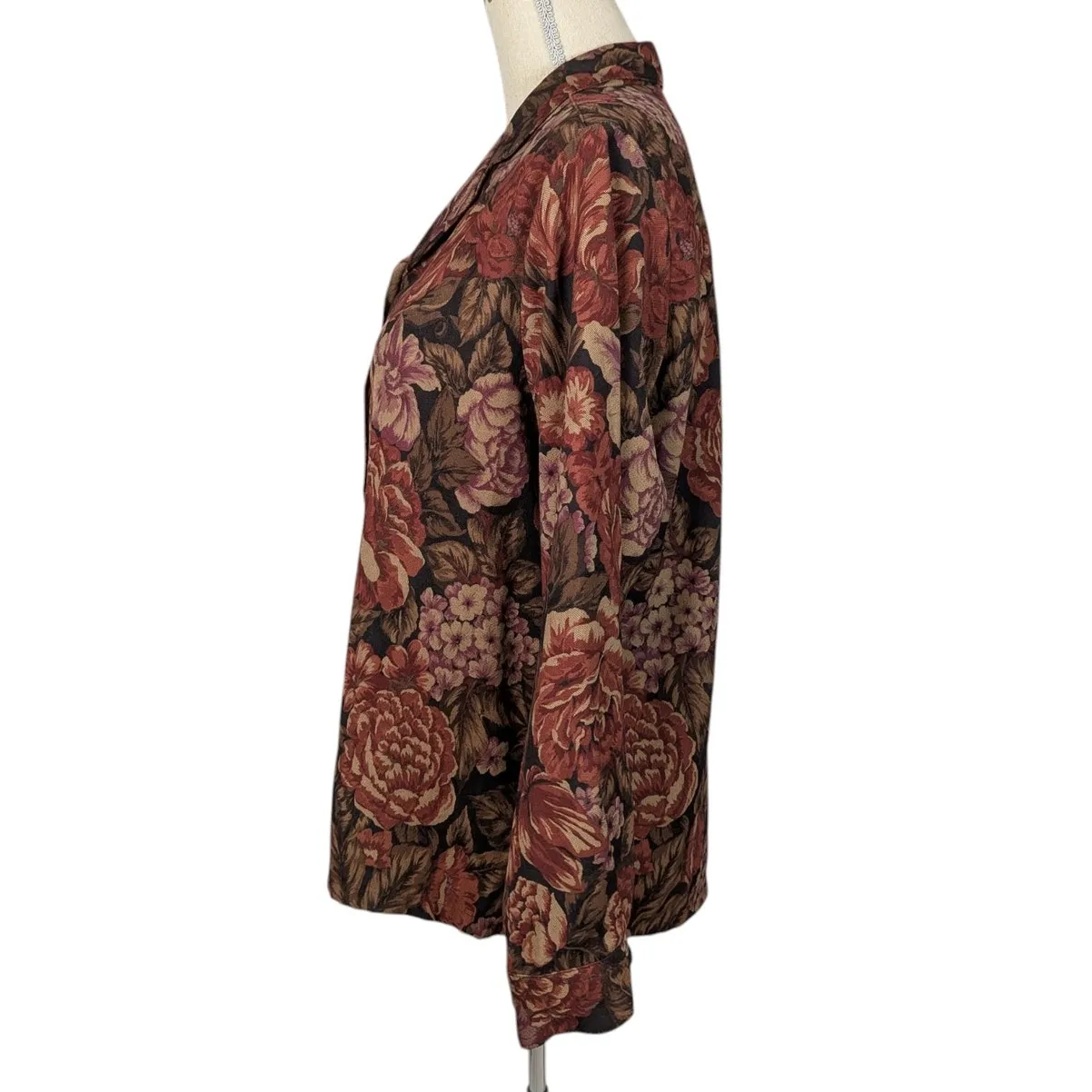 90s Vintage Fall Floral Top Shaket by Bon Worth Brown Black and Tan Size M - Image 4