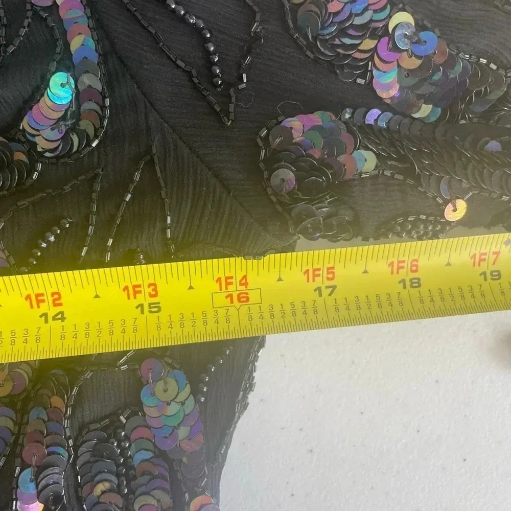 VTG 80’s Laurence Kazar Black Silk Rainbow Iridescent Sequin Rose Mesh Top M 176 - Image 12