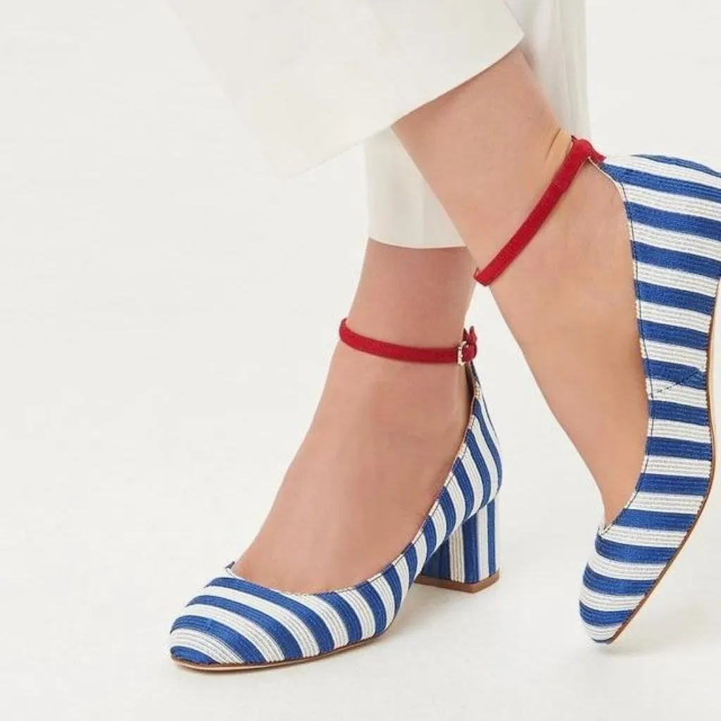 LK Bennett Hadley Blue White Striped Closed Courts Heels Size 9 - Image 2