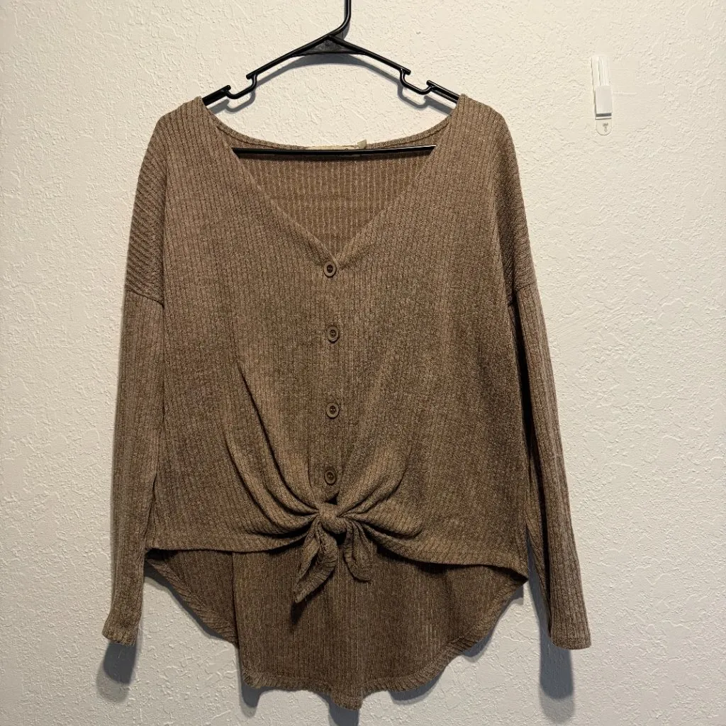 Liberty Love Brown Ribbed Knit Button Down Tie Front Blouse Women’s Size L Top - Image 5
