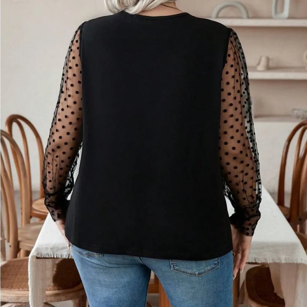 Celure Plus Size Solid Color Patchwork Crew Neck Long Sleeve Casual Top 16(2XL) - Image 2