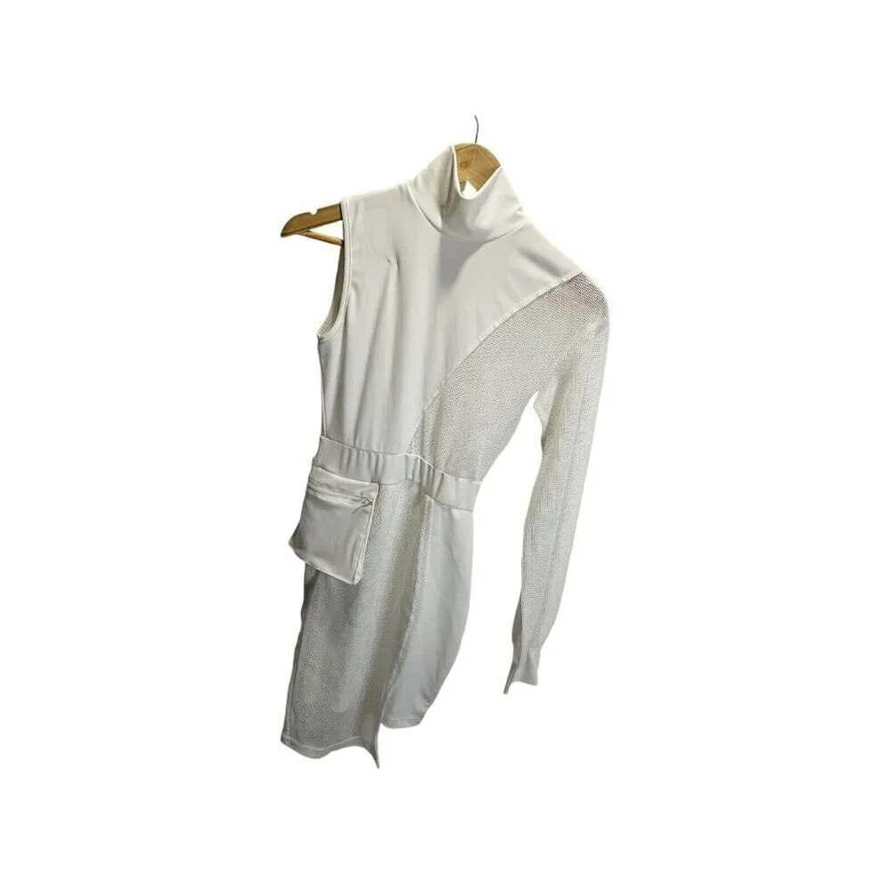 Shein Ivory Cream Mini Cocktail Dress Mesh S One Sleeve Mock Neck Stretch - Image 3