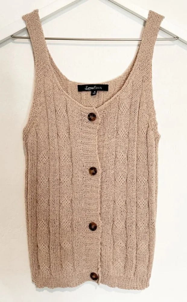 Sweet Rain Button Front Knit Tank Top in Tan Brown Summer Vacation Size Medium - Image 1