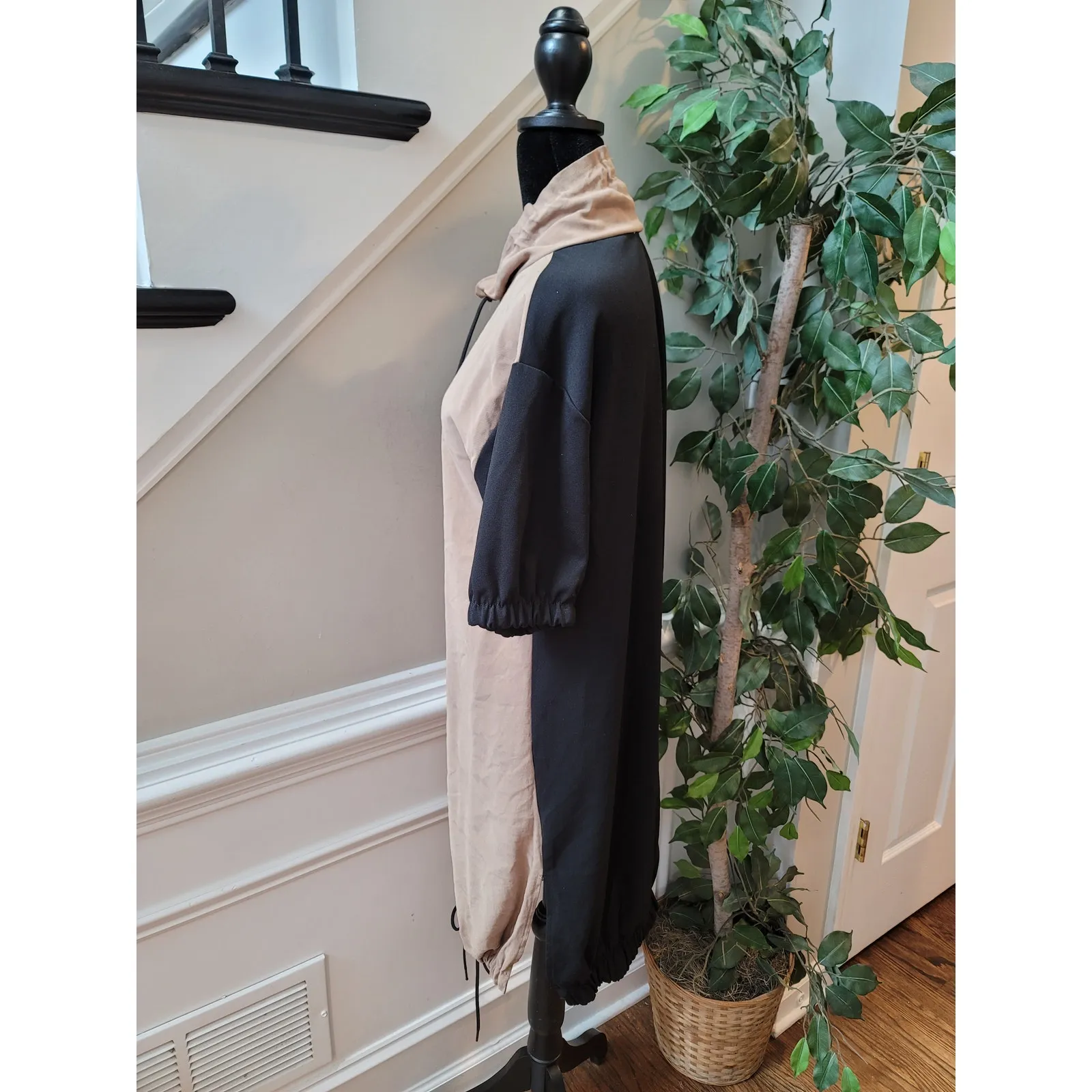 Zara Basic Hoodie Dress Womens Small Beige Black Short Sleeve Casual Streetwear - Image 11