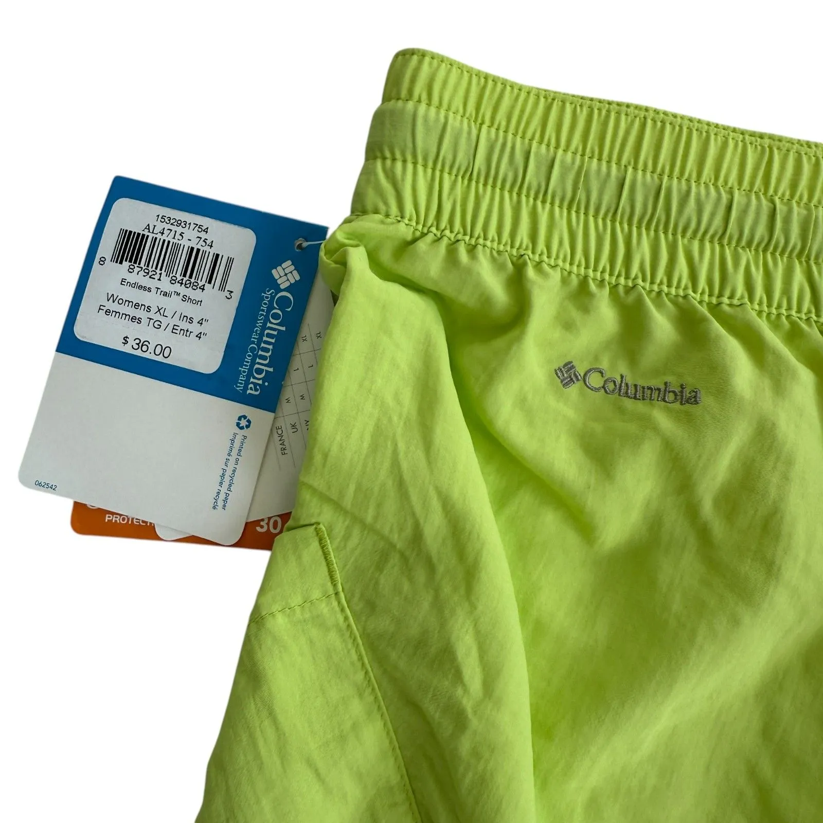 NWT Women's Columbia Endless Trail Short 4" Inseam‎ Size XL Neon Green - Image 3