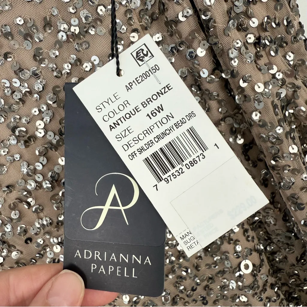 Adrianna Papell Off Shoulder Crunchy Bead Dress Antique Bronze Sz 16W NWT - Image 14