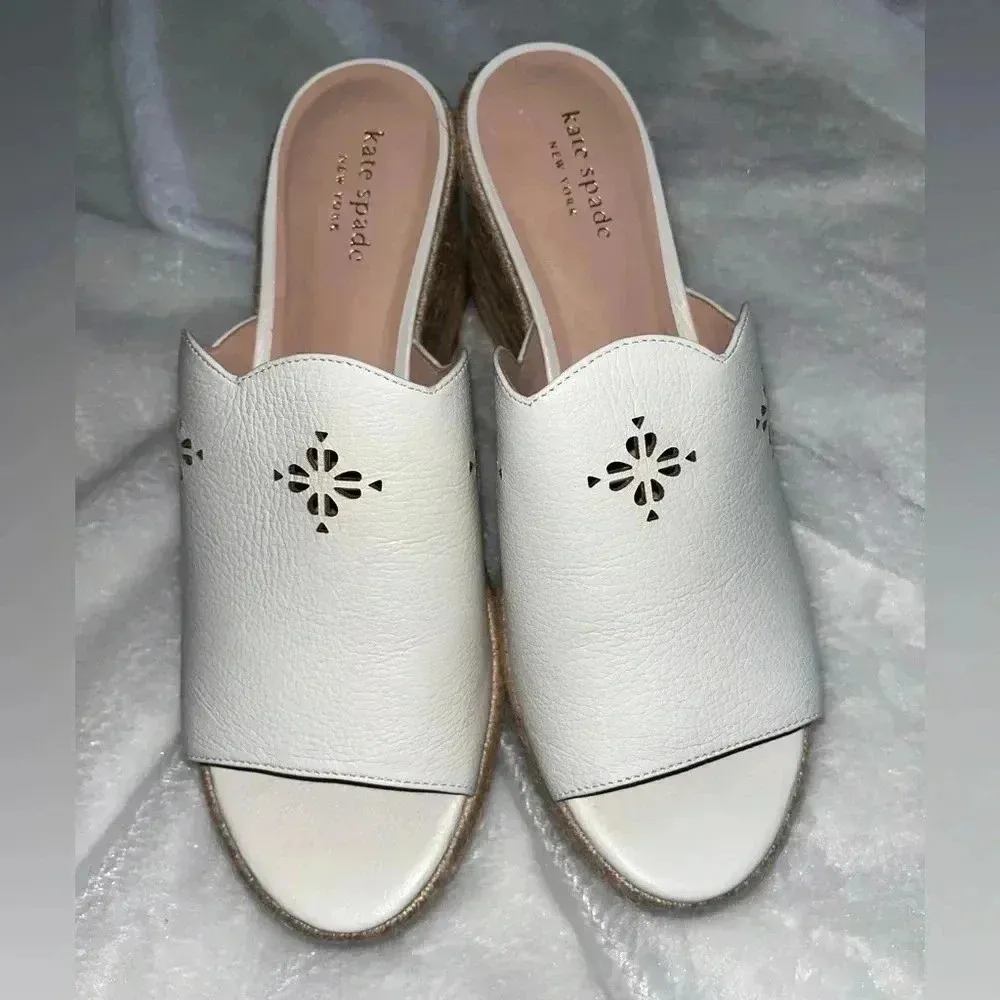 Kate Spade New York Tia Espadrille Wedge Leather Sandals White 9 - Image 4