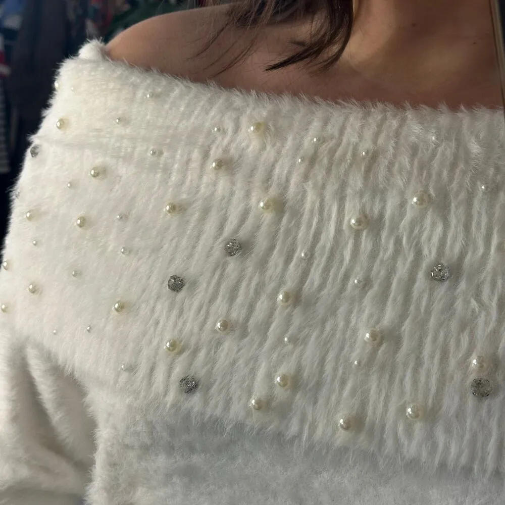 Soft Surroundings Beaded Off The Shoulder Sweater Dress White Large - Image 7