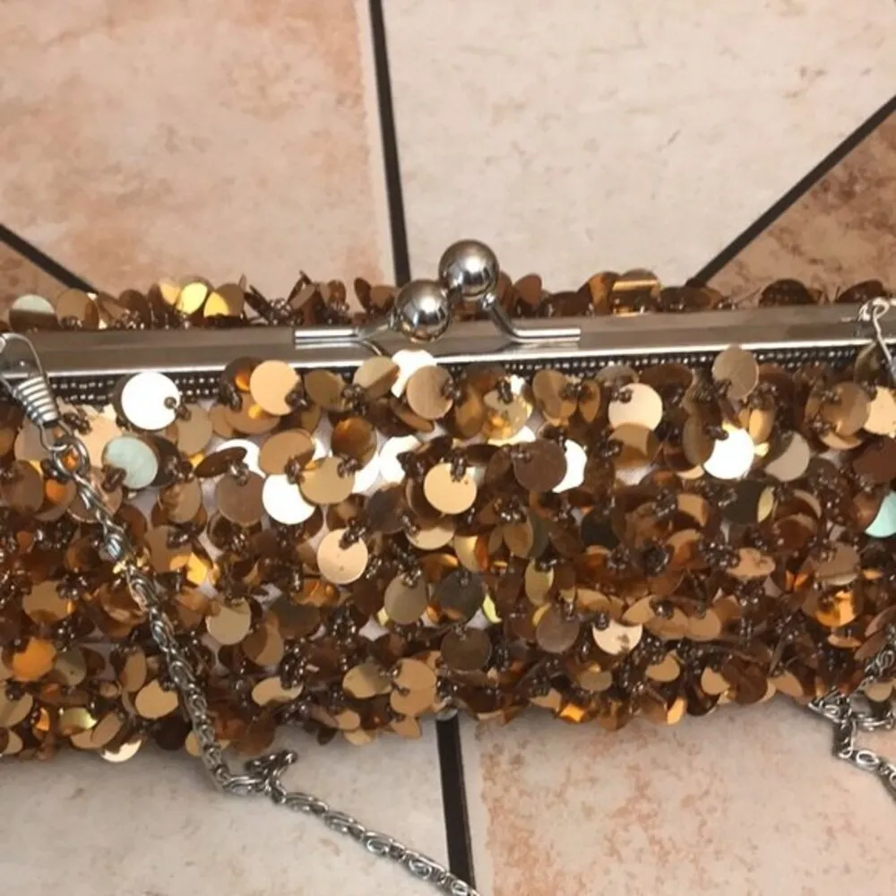 Vintage Y2K gold sequin beaded clutch cocktail purse evening bag with chain - Image 6