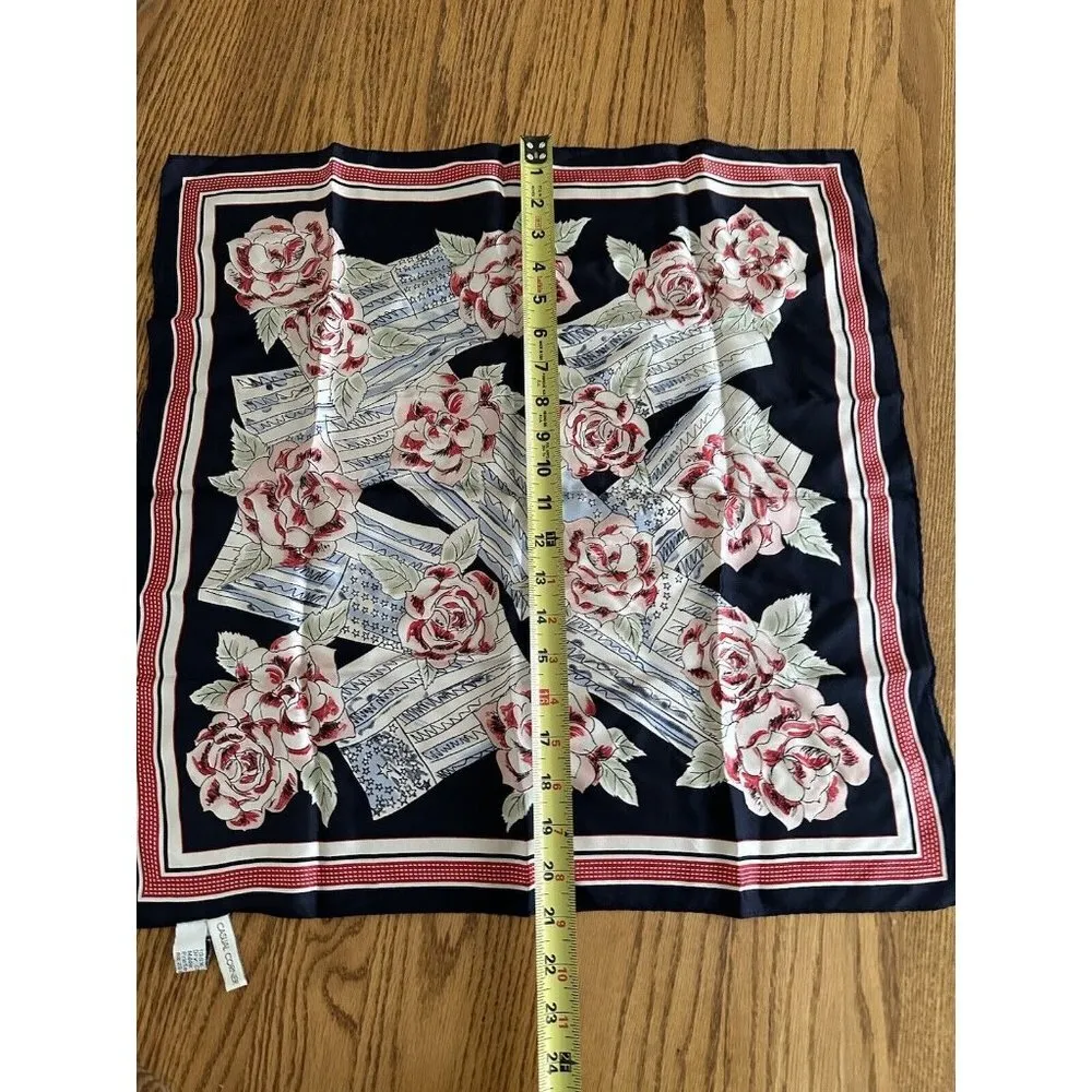 Casual Corner Vintage Scarf 100% Silk Floral Square with Pink Roses 21”X 21” Black - Image 6