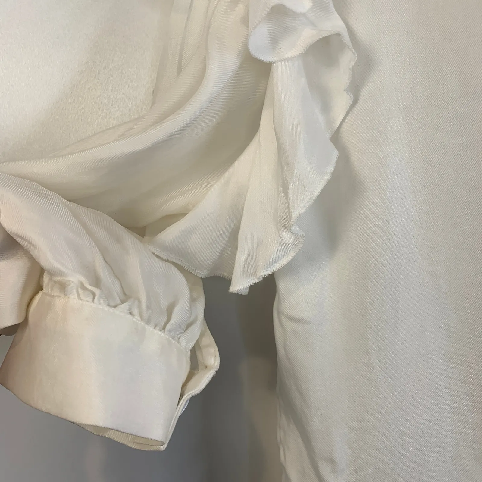 Sandro Ruffle Long Sleeve Blouse Snap Neck Cupro White Modest - Image 11