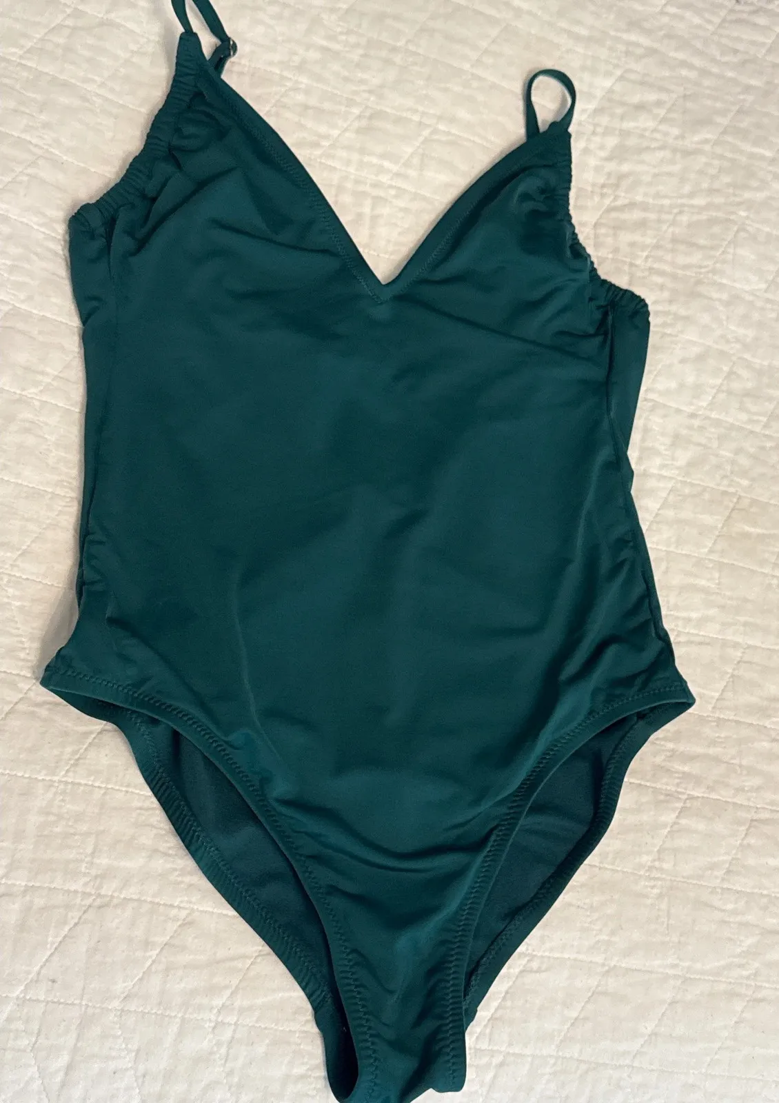 Kona Sol Women's One Piece Swimsuit medium Green V Neck Ruched Straps - Image 1