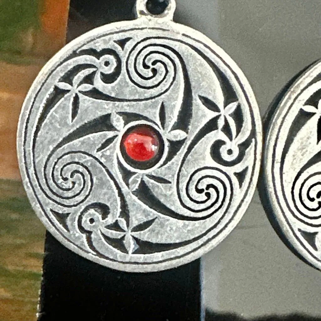 Piran Pewter Celtic Spiral Red Cabochon Drop Earrings Silver - Image 2