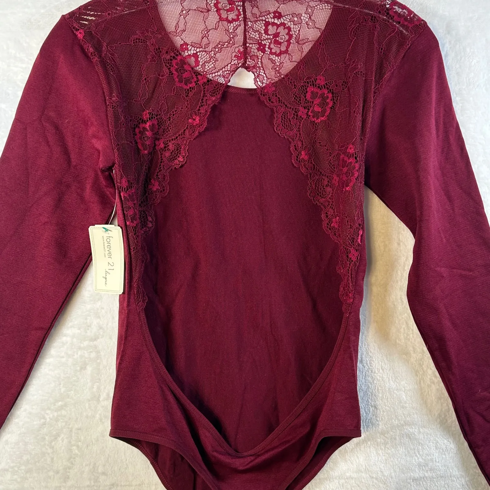 Forever 21 Burgundy Lace Back Long Sleeve Thong Bodysuit Size Medium/Large - Image 6