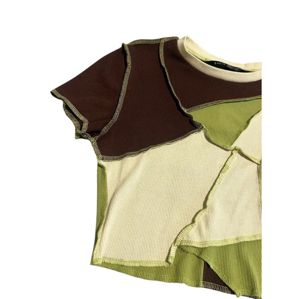 SHEIN Blouse Women's Small Green Brown Short Sleeve Crop Top Patchwork Crew Neck - Image 2