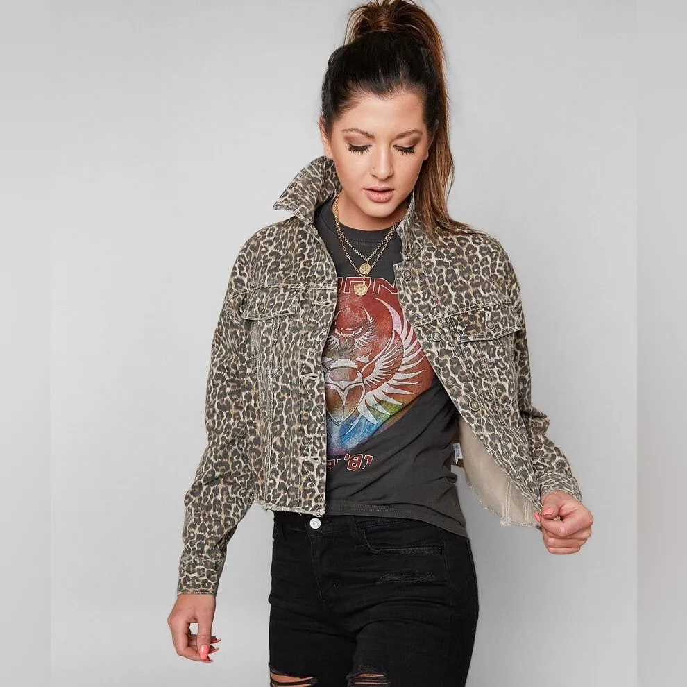 Free People Cheetah Print Denim Jacket Brown Size L - Image 6